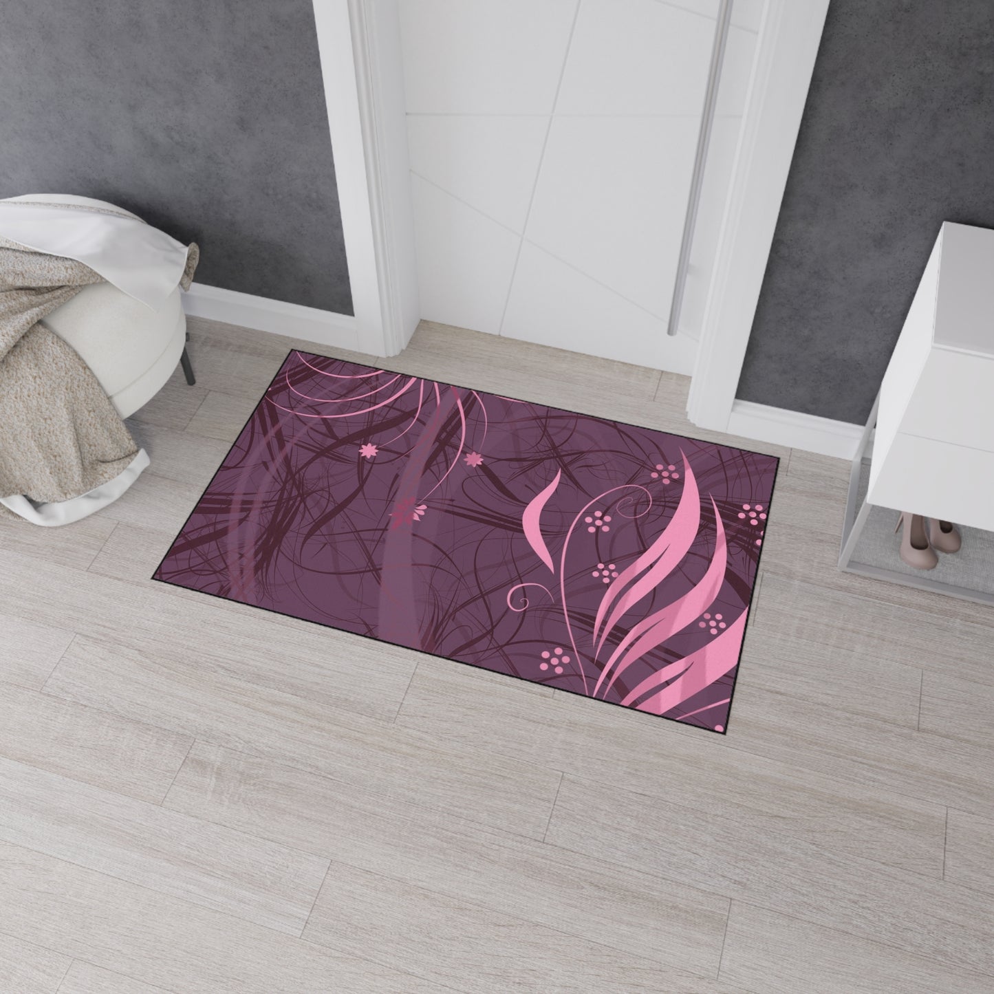 Floral Plum Heavy-Duty Floor Mat — Pink Swirl Entrance Rug
