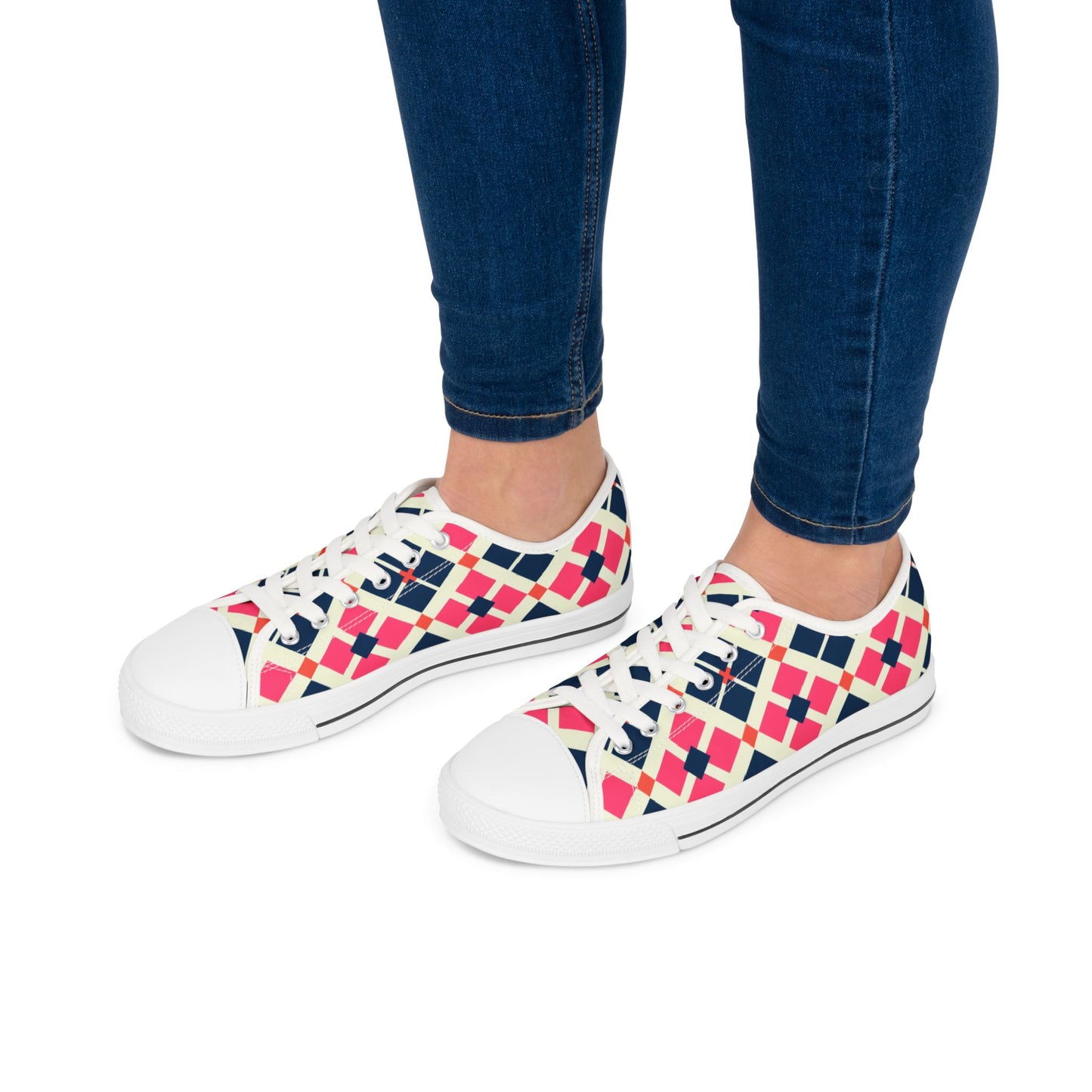 Argyle Pattern Low Top Sneakers — Pink Navy Geometric Casual Shoes