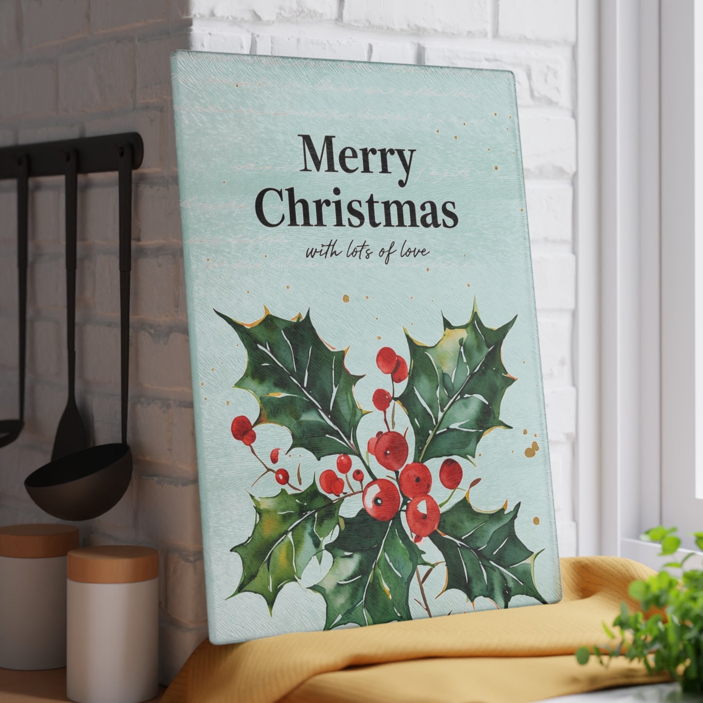 Christmas Holly Glass Cutting Board - "Merry Christmas" Holiday Kitchen Decor