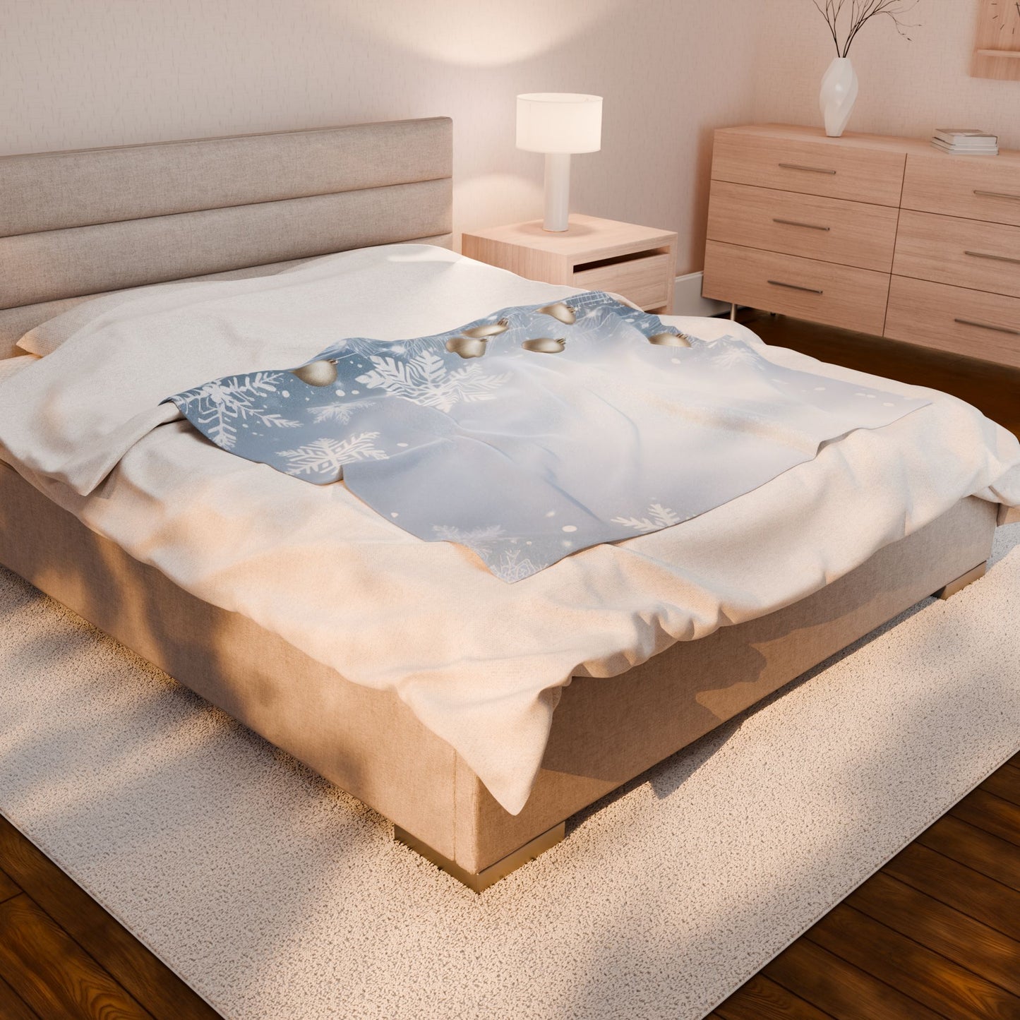 Holiday Snowflake Velveteen Plush Blanket — Gold Ornament Winter Throw