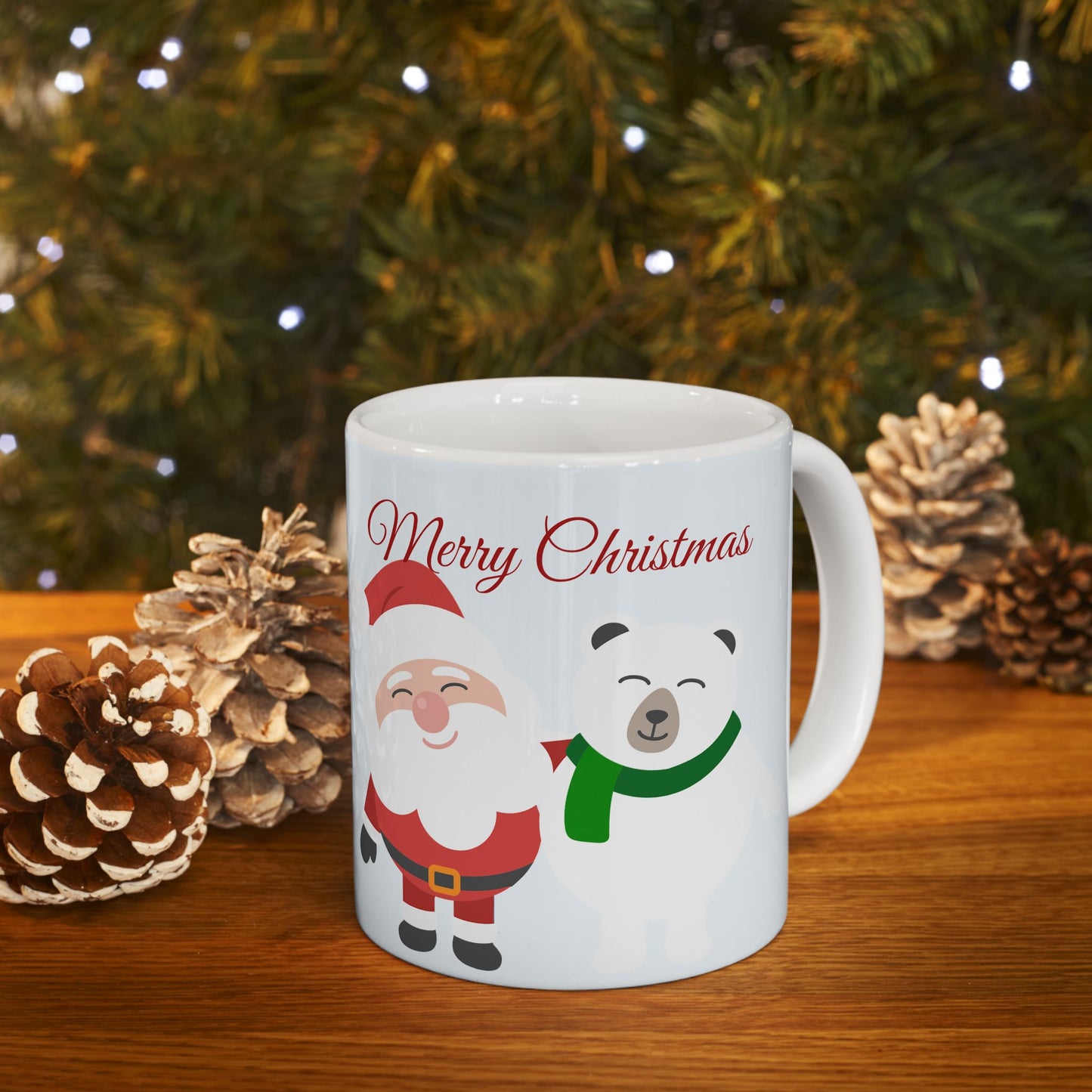 Christmas Santa & Polar Bear Ceramic Mug (11oz/15oz) — "Merry Christmas" Holiday Coffee Cup
