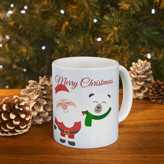 Christmas Santa & Polar Bear Ceramic Mug (11oz/15oz) — "Merry Christmas" Holiday Coffee Cup
