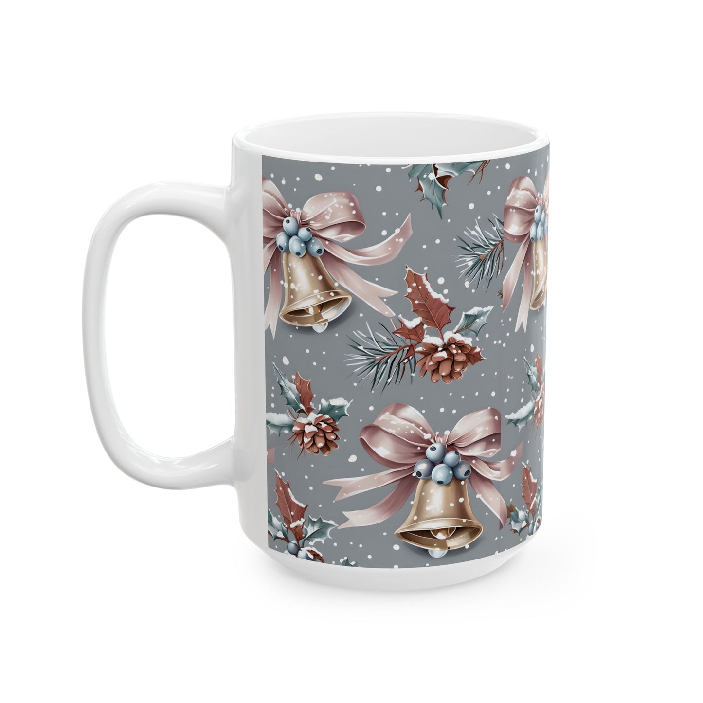 Festive Holiday Ceramic Mug, Christmas Gift, Winter Decor, Bell Design, Cozy Coffee Cup, Seasonal Beverage Container