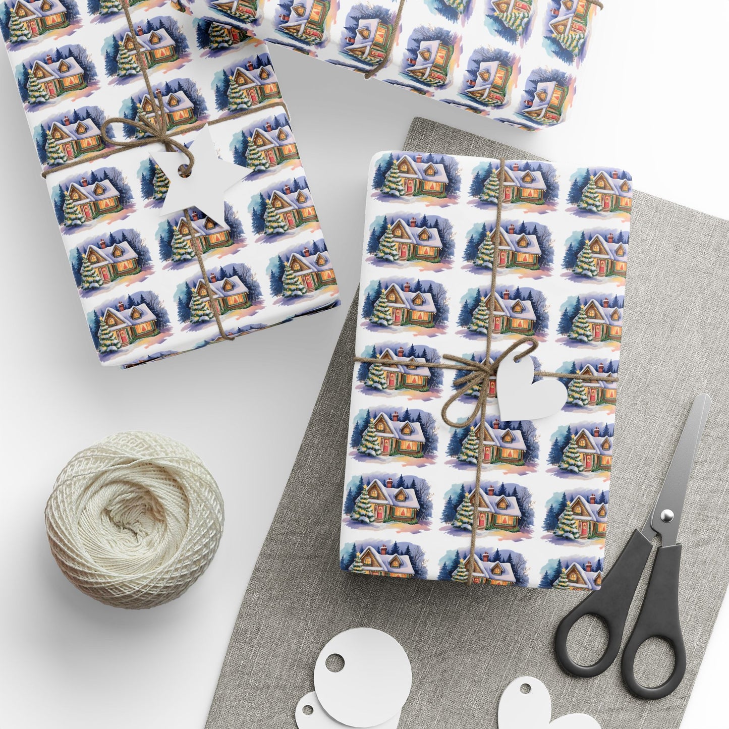 Wrapping Paper — Festive Village House Pattern Gift Wrap (Holiday & Christmas)