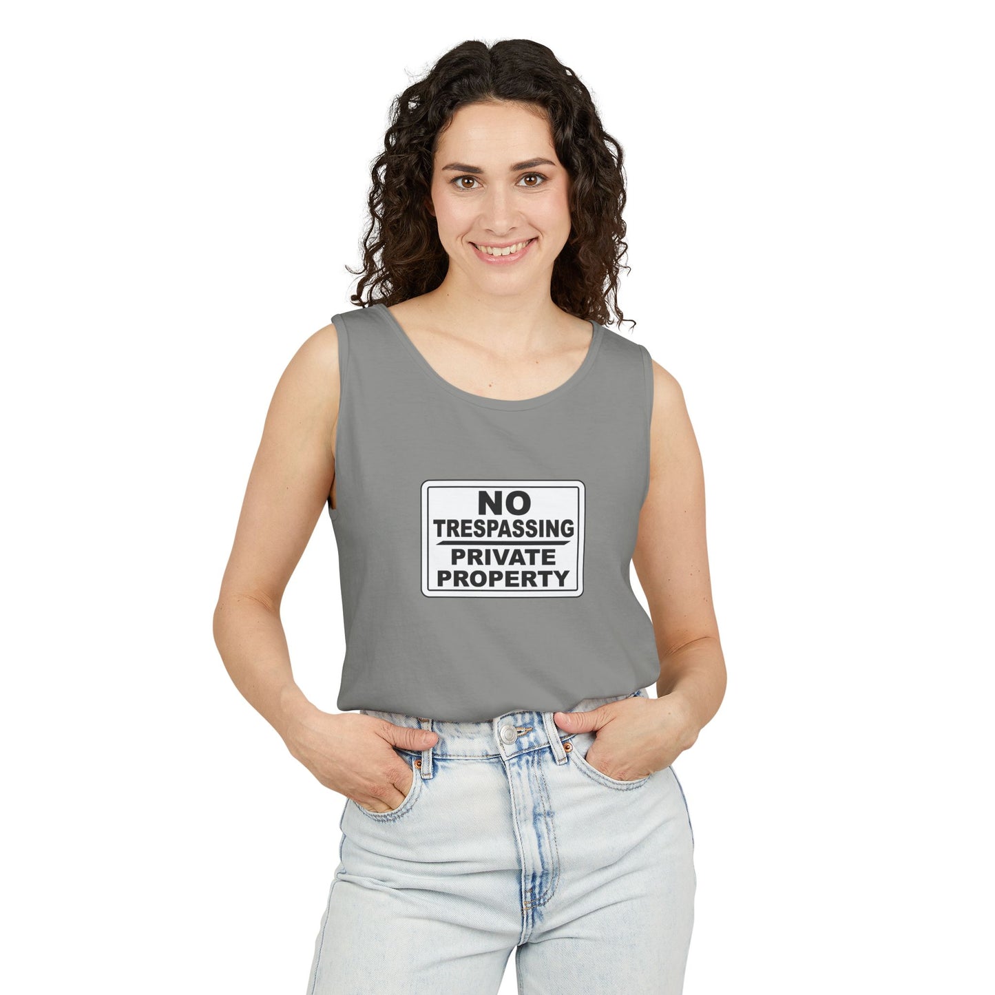 No Trespassing Garment-Dyed Tank Top | Unisex Summer Wear, Beach Vacation Shirt, Outdoor Adventure Top, Gift for Nature Lovers