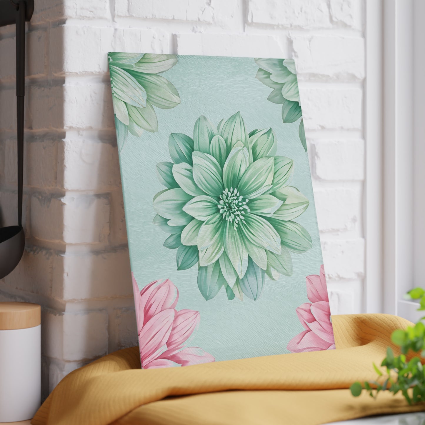 Glass Cutting Board — Pastel Succulent Floral Design (Mint & Pink)
