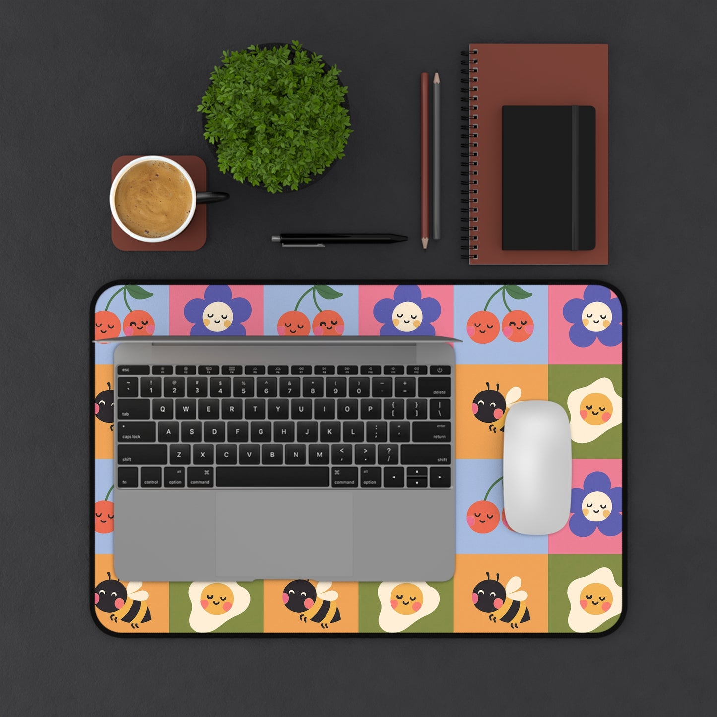 Cute Floral & Bees Desk Mat — Colorful Checkerboard Mouse Pad for Kids & Home Office