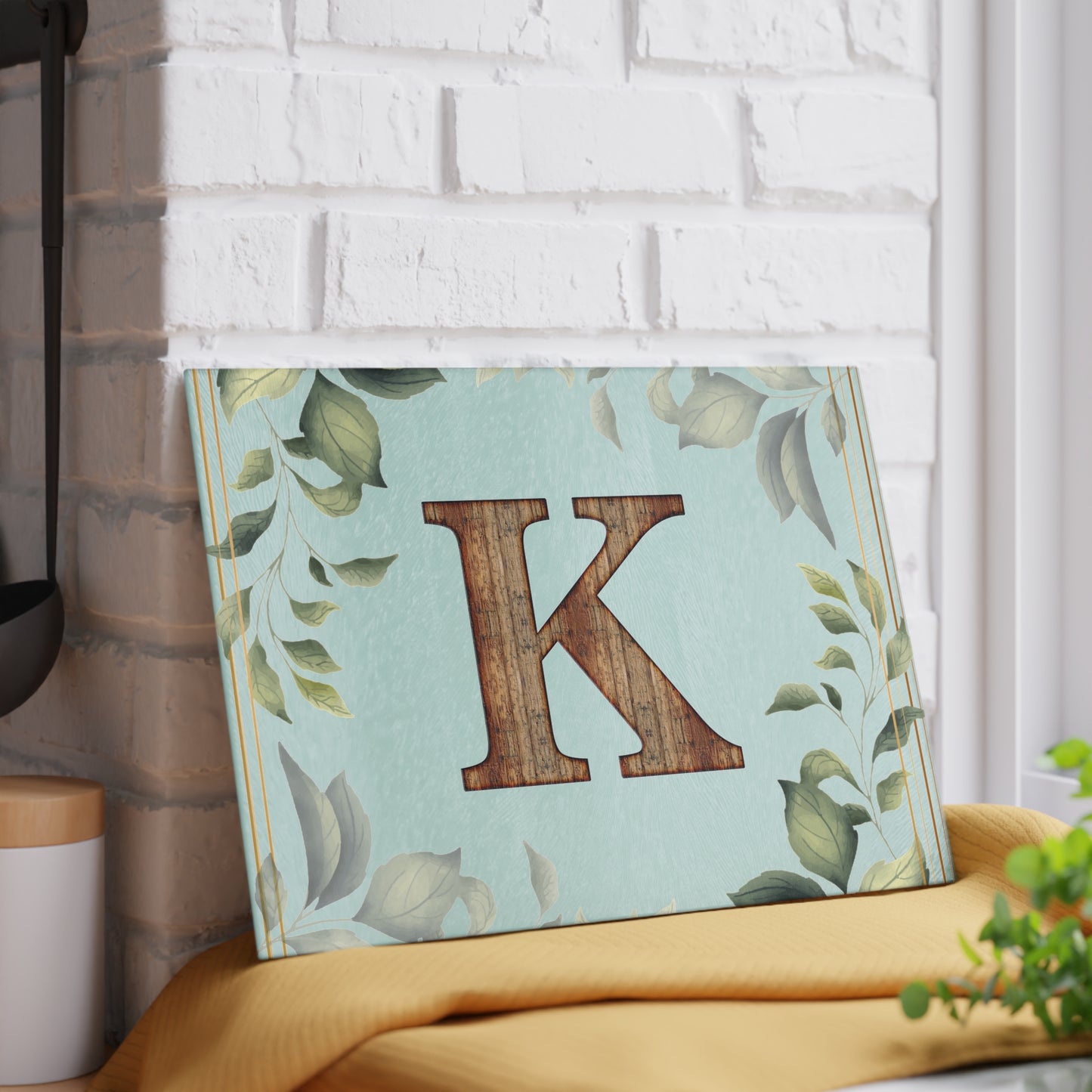 Monogram K Glass Cutting Board – Floral Leaf Kitchen Decor, Personalized Initial Serving Board