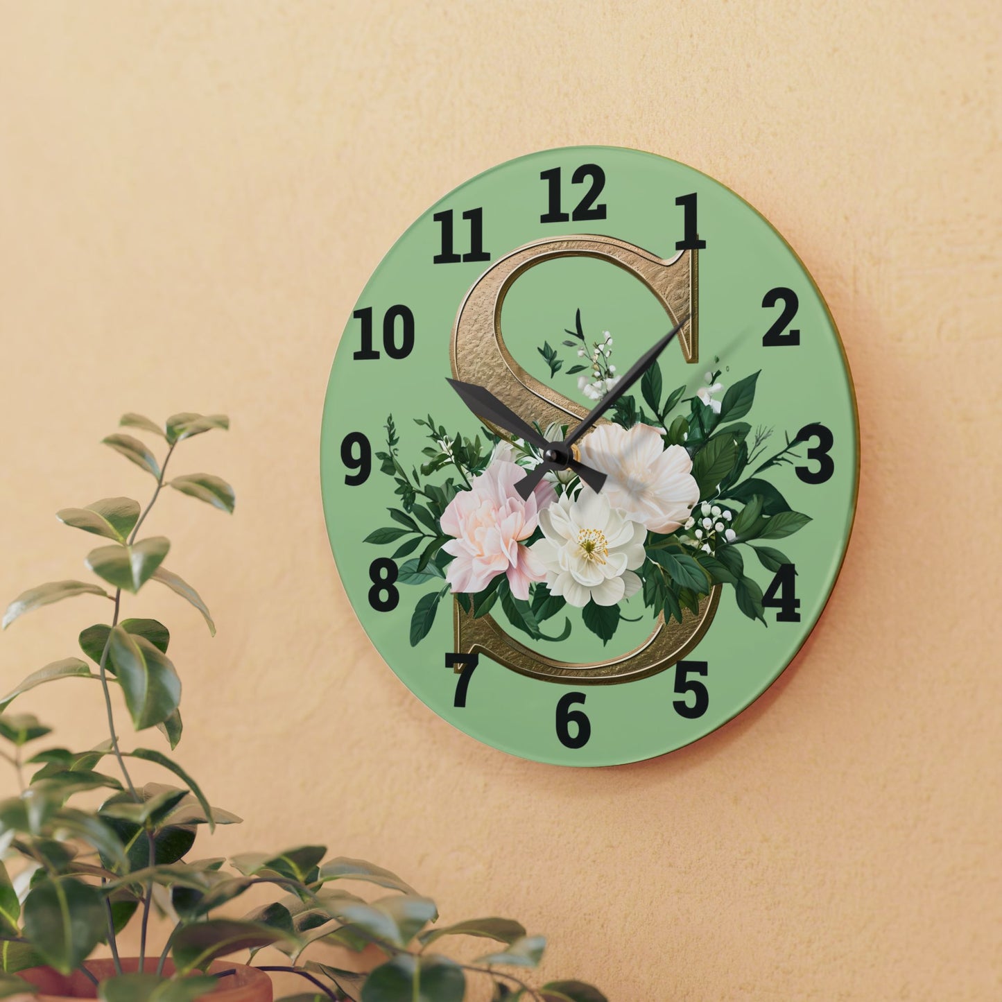 Floral Initial Acrylic Wall Clock, Elegant Home Décor