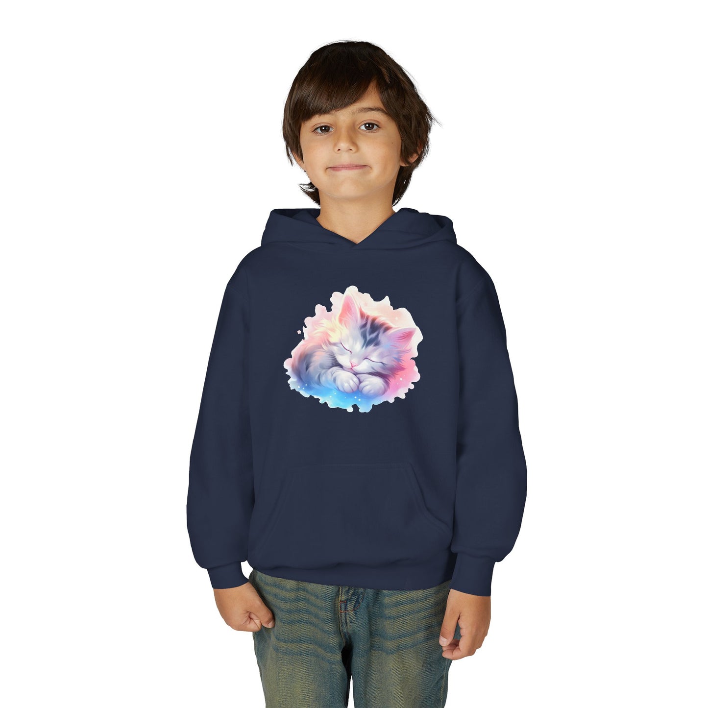Kids' Cozy Rainbow Kitten Hoodie — Cute Sleeping Cat Youth Sweatshirt