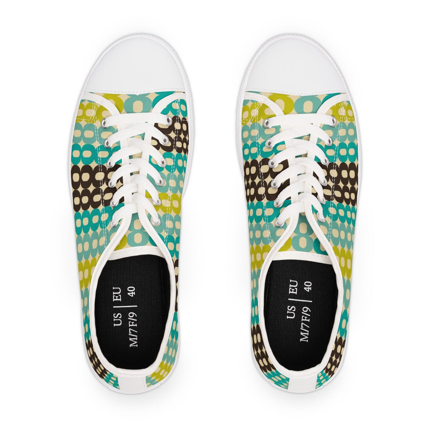 Retro Polka Chain Low Top Sneakers — Teal, Lime & Chocolate Patterned Women’s Shoes