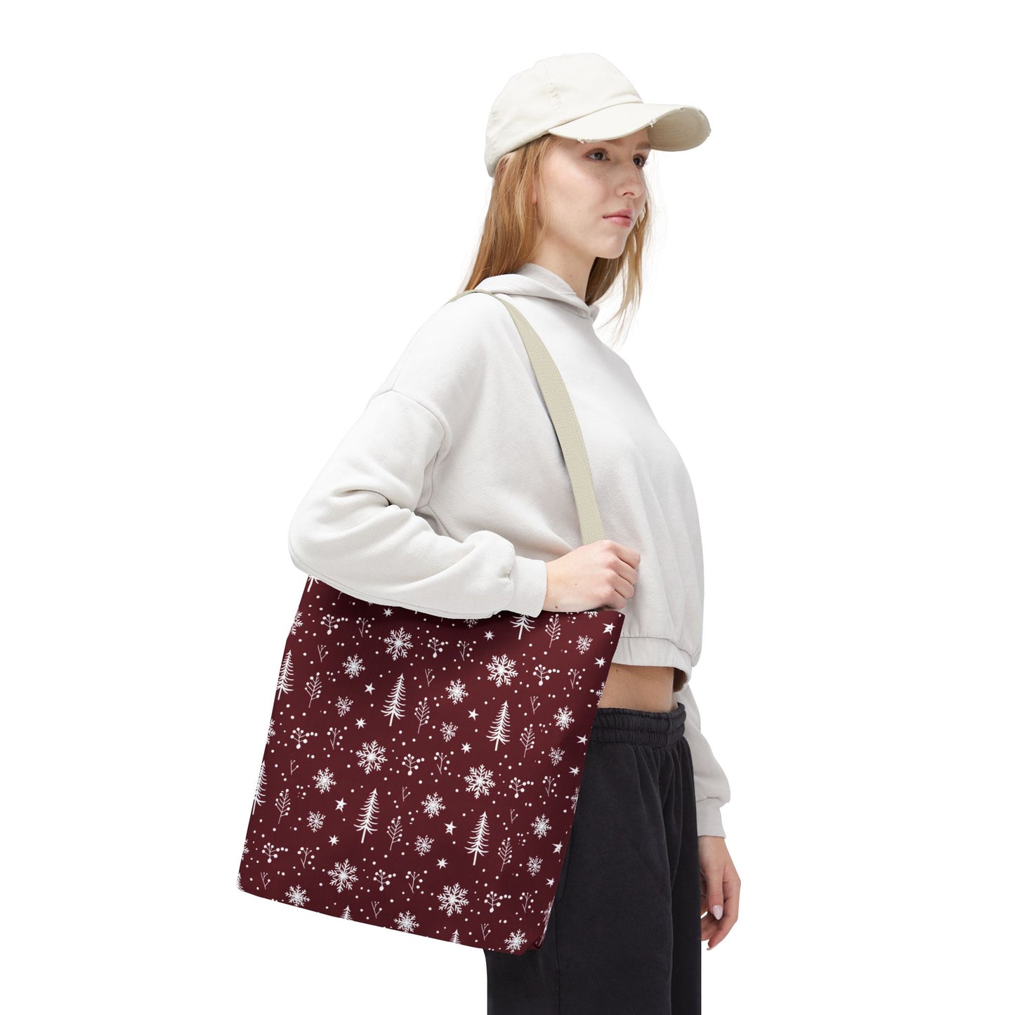 Christmas Snowflake Tote Bag – Burgundy Holiday Patterned Carryall