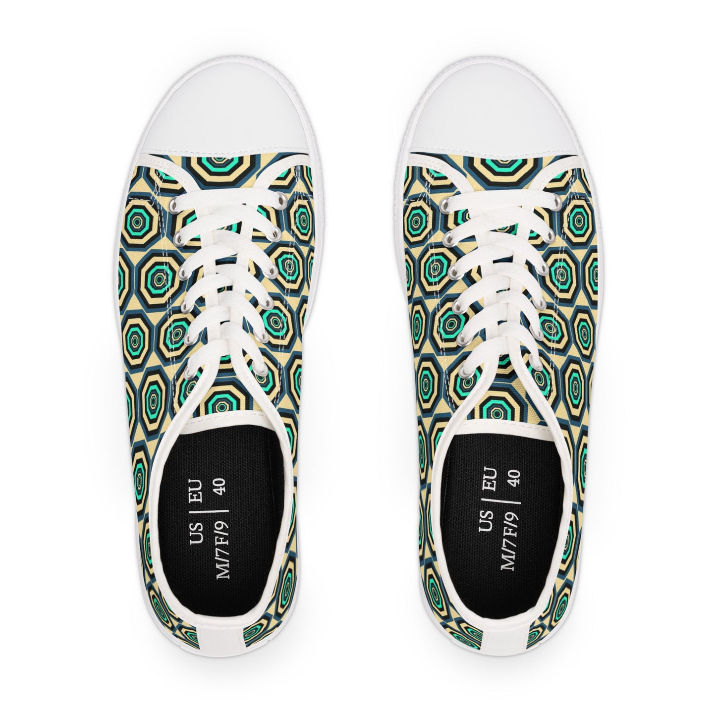 Geometric Retro Hexagon Women's Low Top Sneakers — Green Teal Patterned Canvas Shoes