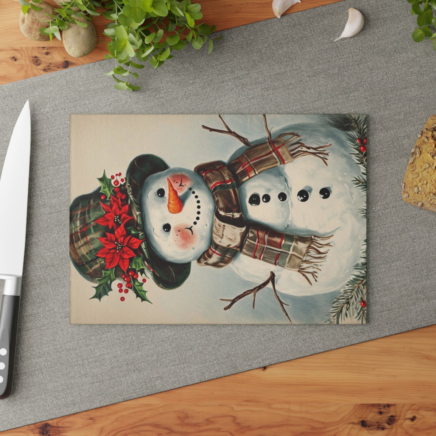 Snowman Glass Cutting Board — Festive Holiday Kitchen Decor & Serving Board