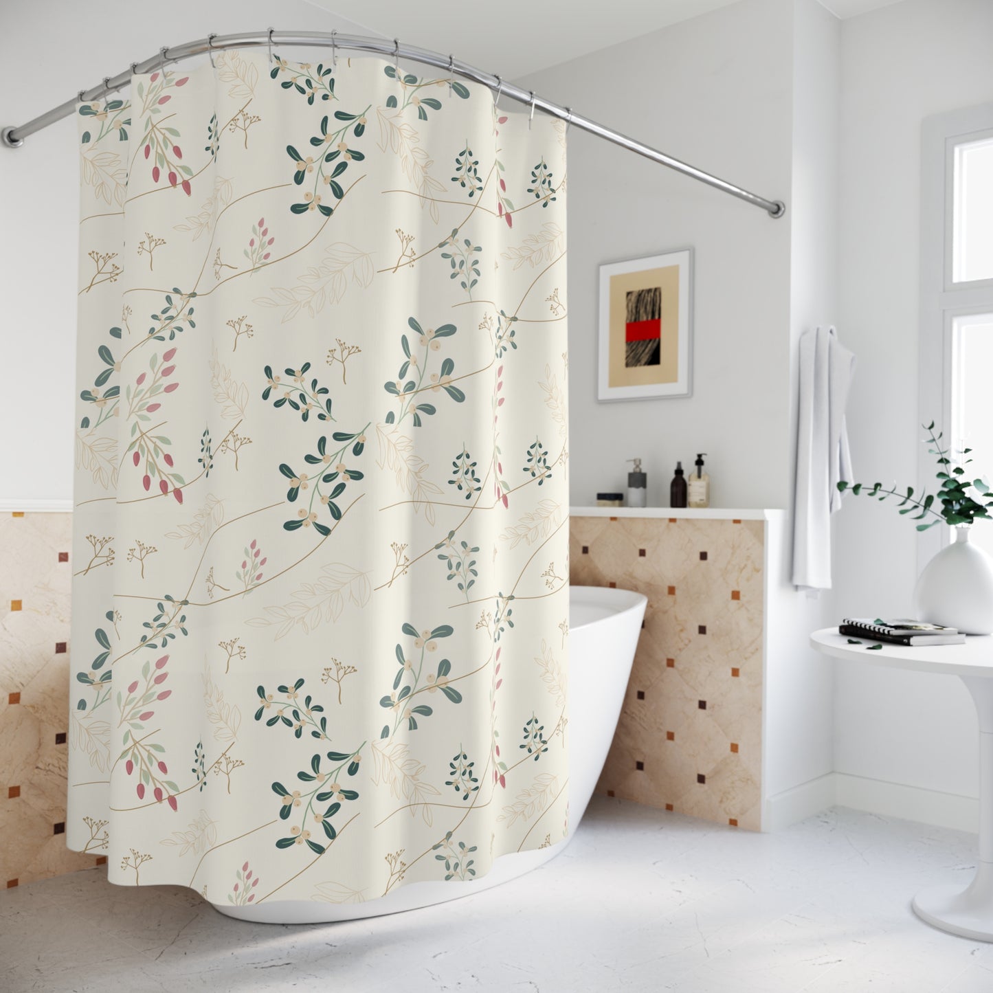 Botanical Vine Shower Curtain – Soft Neutral Floral Bathroom Decor