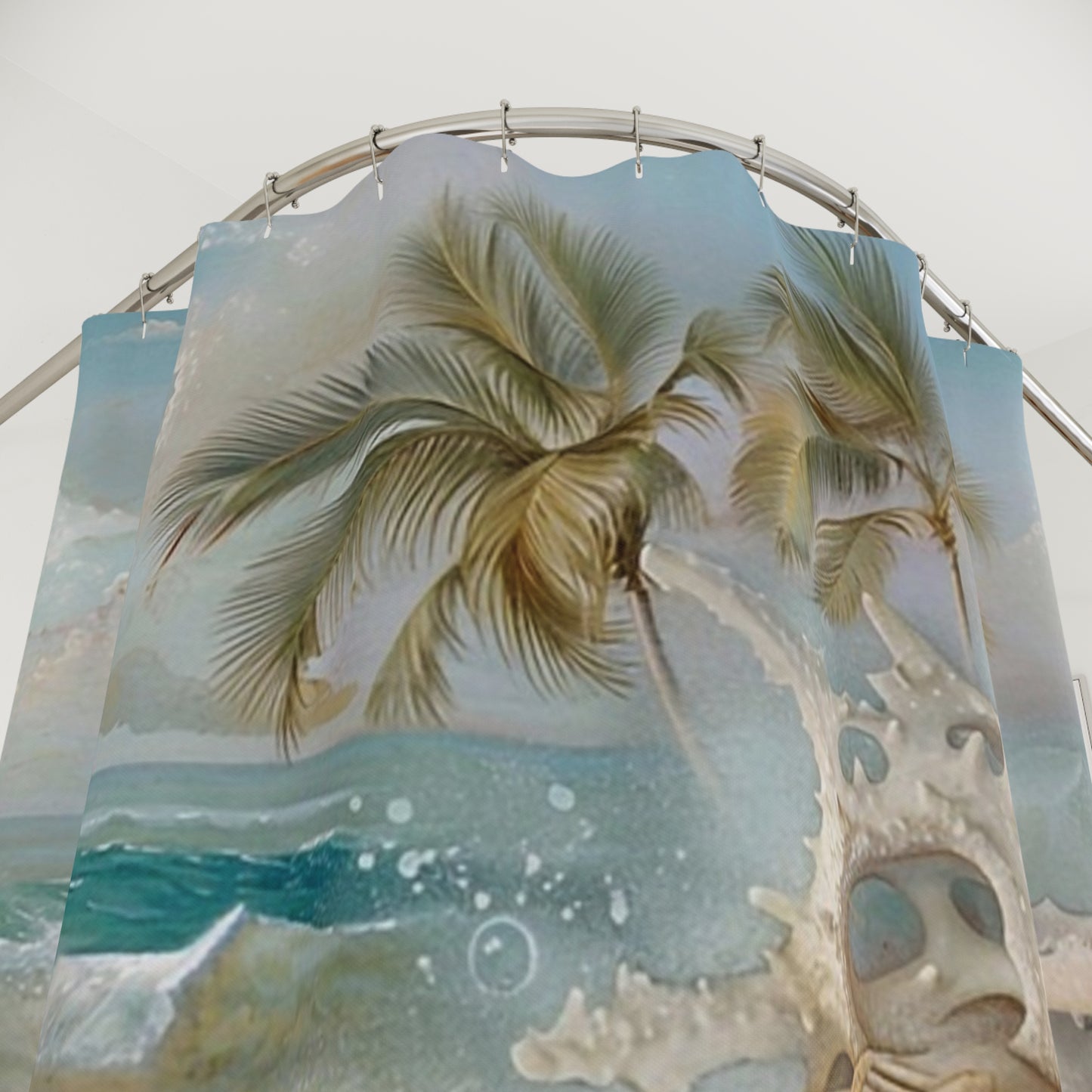Seashell Beach Shower Curtain – Tropical Palm Coastal Bathroom Décor