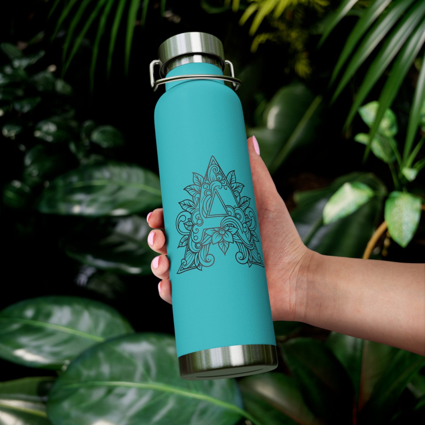 Boho Art Cold Drink Tumbler- Letter A, Personalized Water Bottle, Yoga Gift, Stylish Insulated Flask