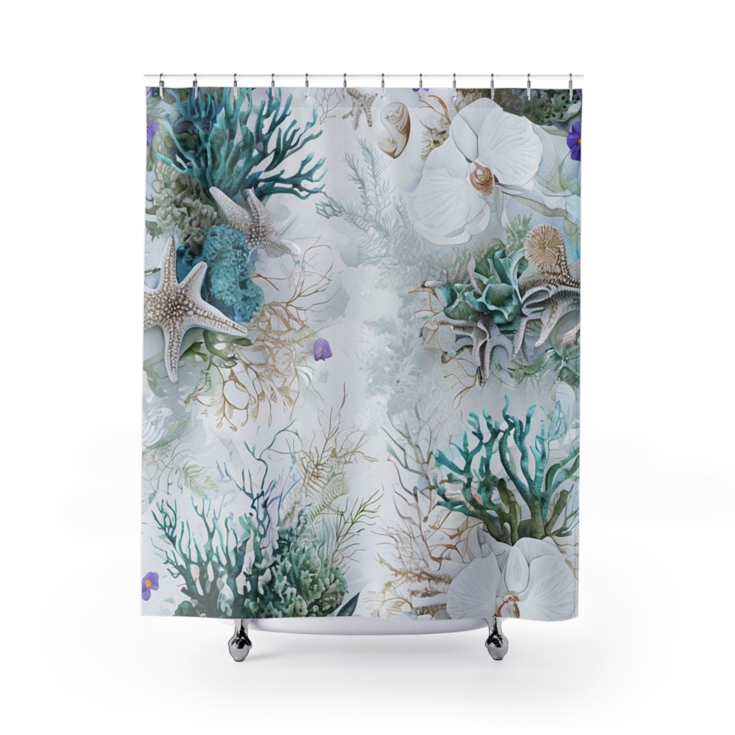 Coastal Coral & Orchid Shower Curtain — Beachy Sea Life Bathroom Decor