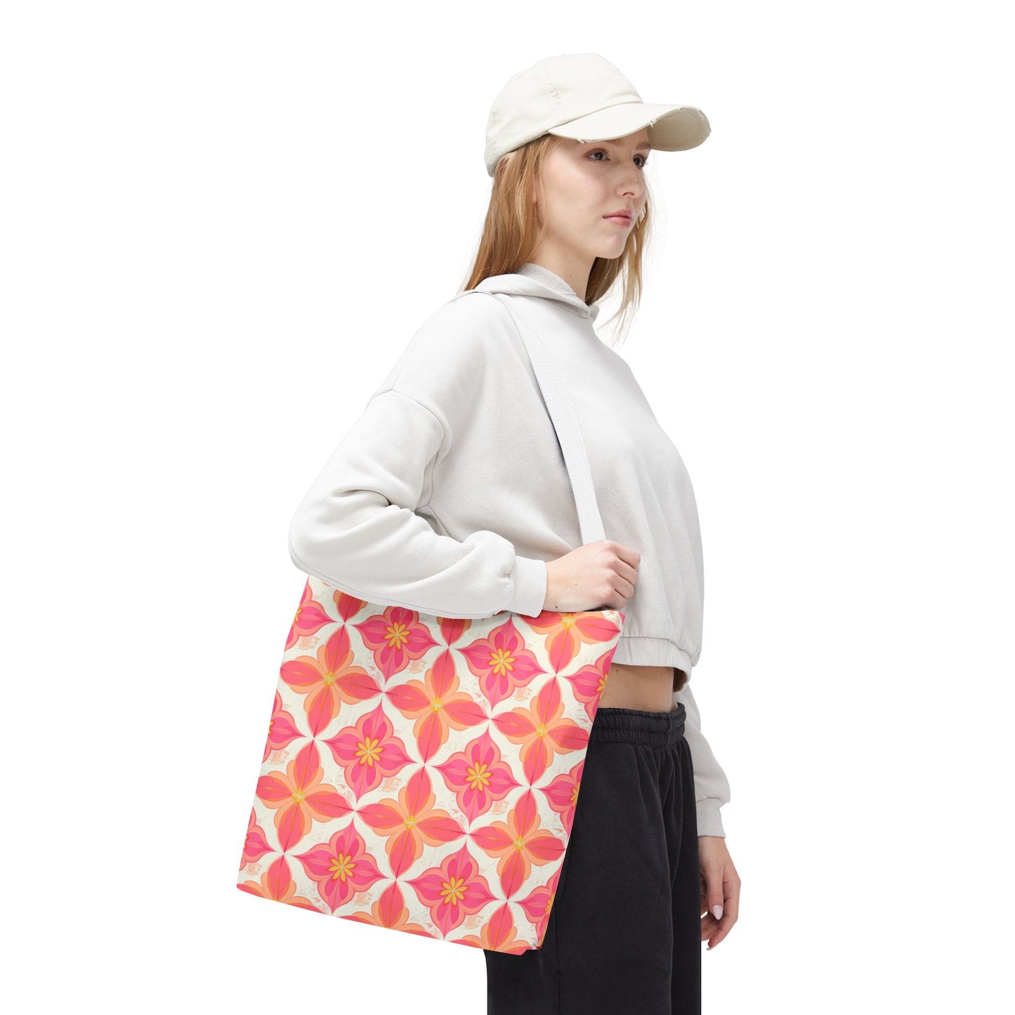 Pink Floral Geometric Tote Bag — All-Over Print Reusable Shopper