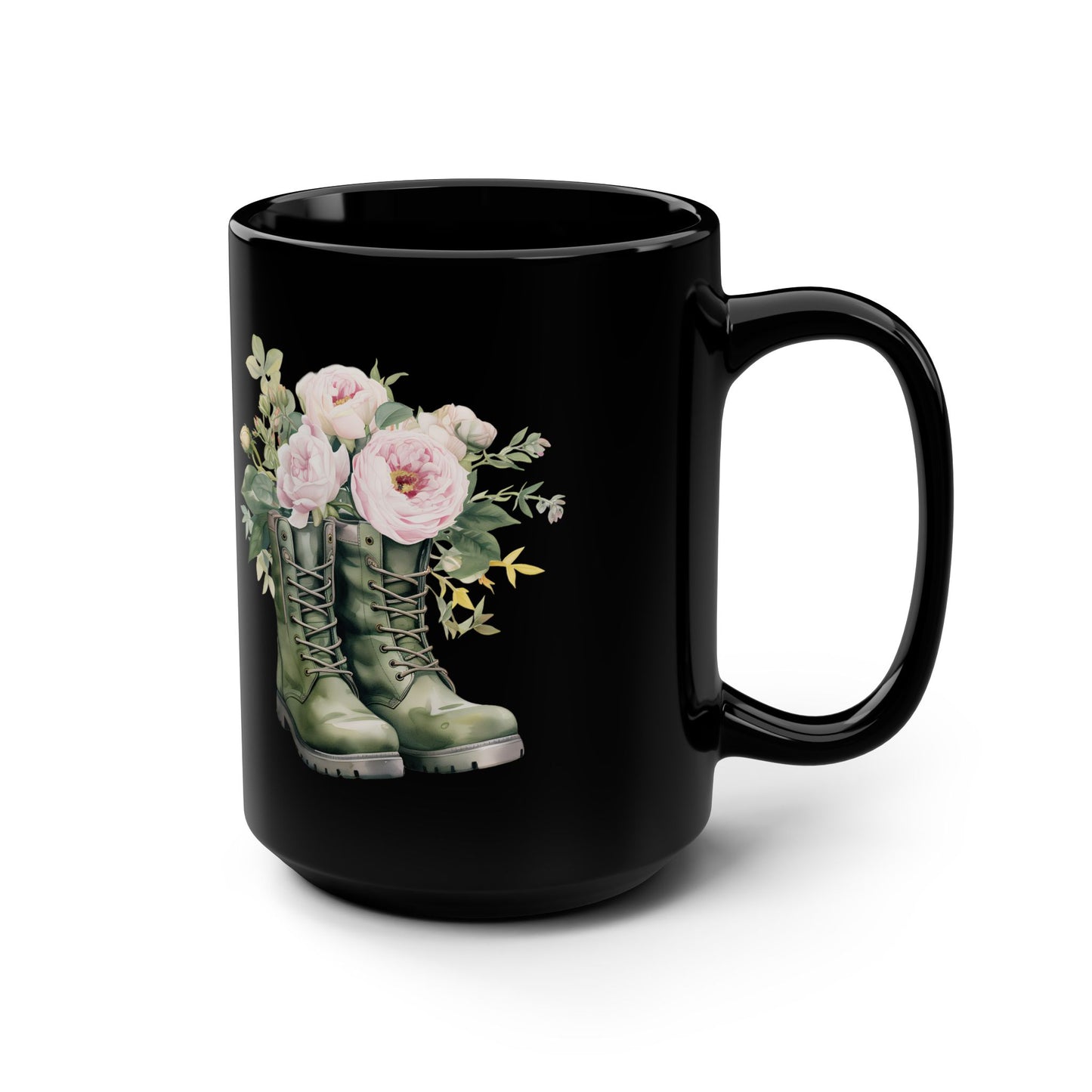Floral Combat Boots Black 15oz Mug — Rustic Military Flower Coffee Cup