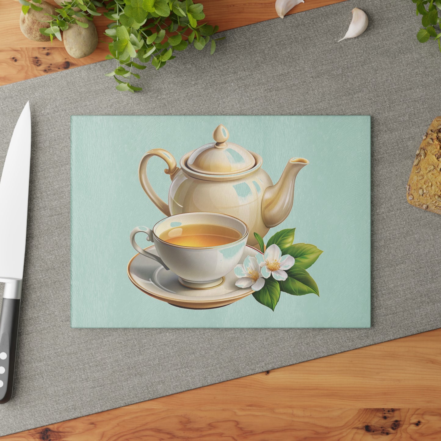 Elegant Tea Time Glass Cutting Board, Kitchen Decor, Gift for Tea Lovers, Housewarming, Birthday, Mother's Day