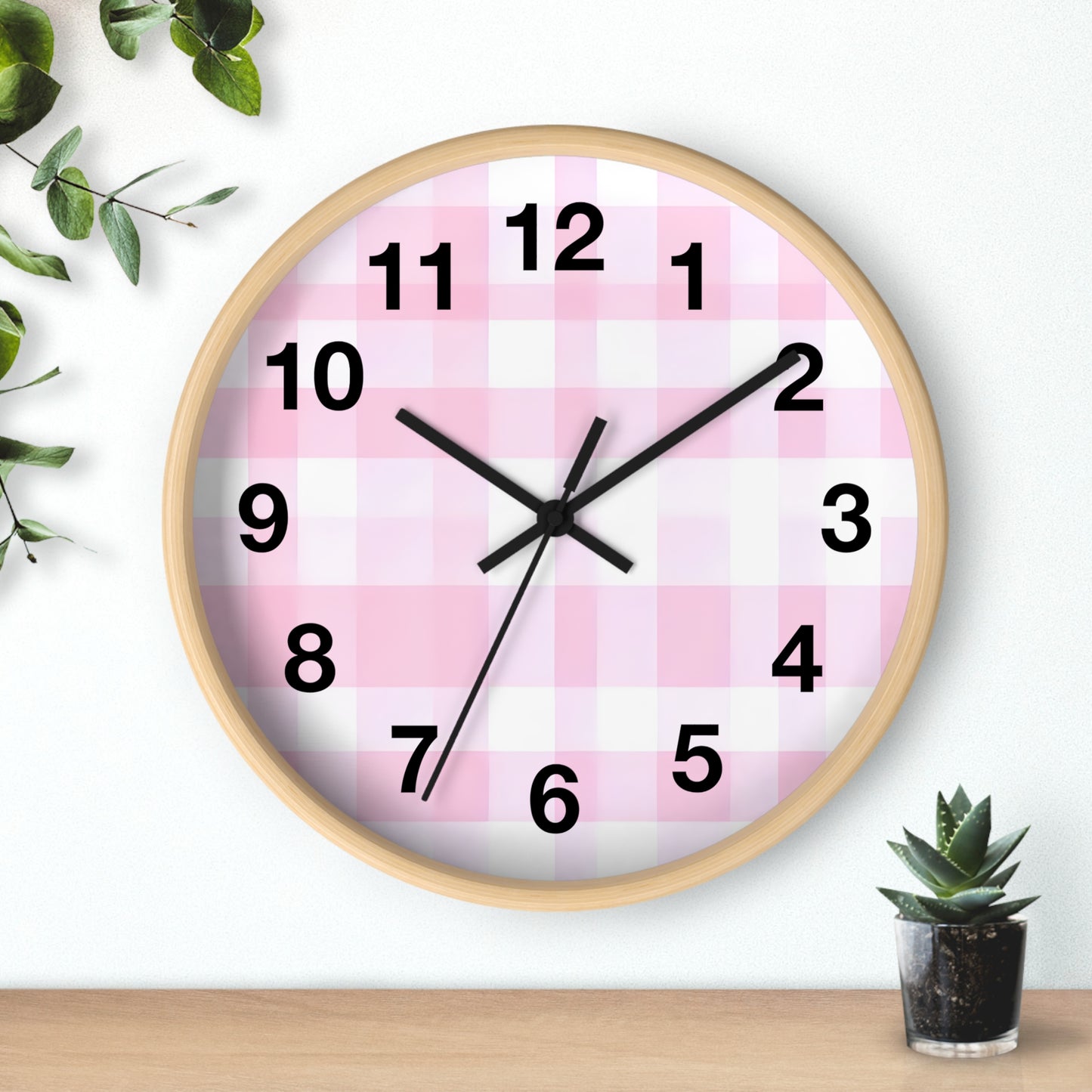 Pink Gingham Wall Clock — Cute Check Pattern Clock for Nursery & Kitchen