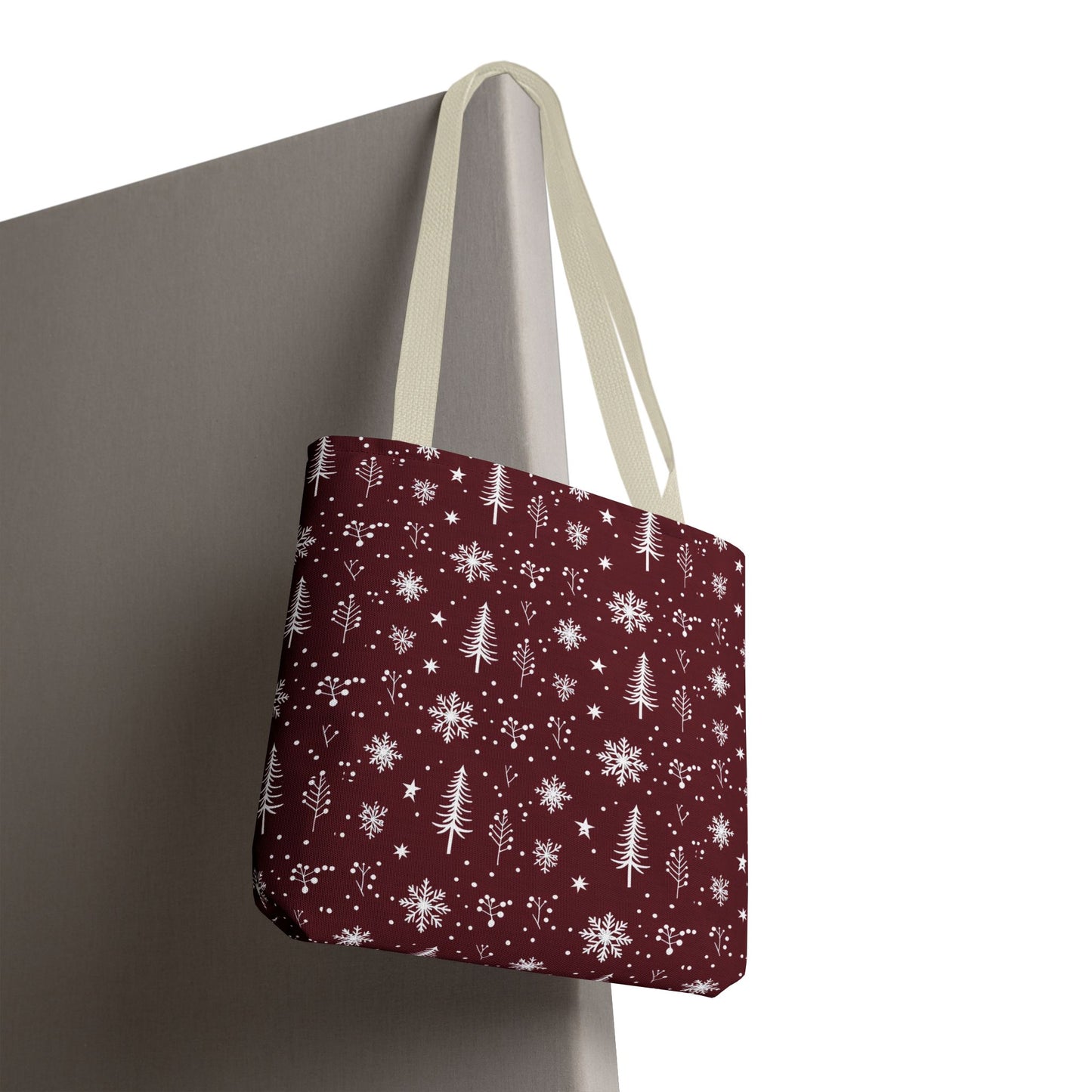 Christmas Snowflake Tote Bag – Burgundy Holiday Patterned Carryall