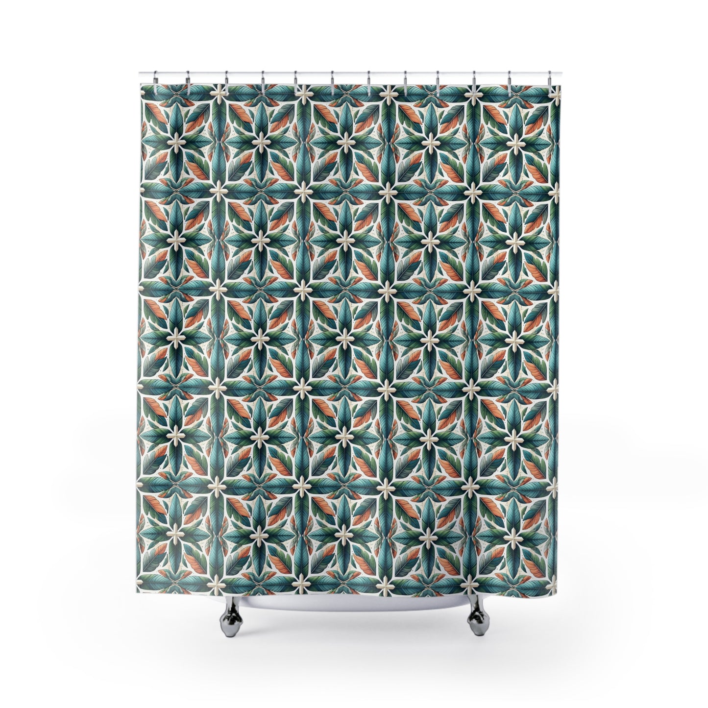 Bohemian Tile Pattern Shower Curtain — Teal & Terracotta Floral Geometric Bath Decor