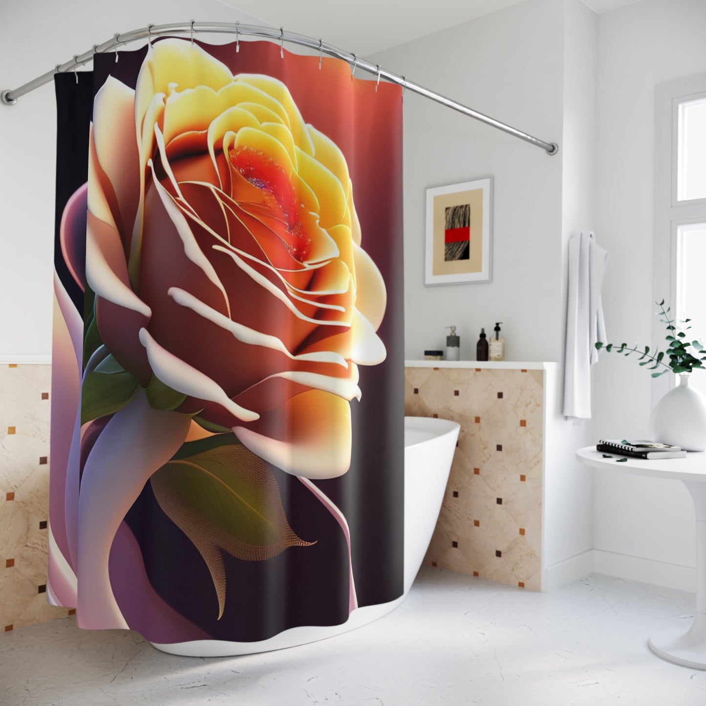 Romantic Sunset Rose Shower Curtain — Large Floral Bathroom Decor