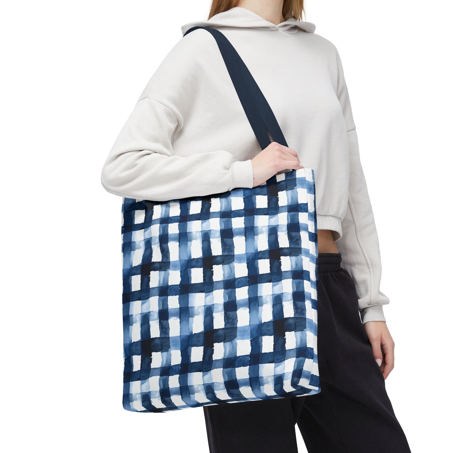 Blue Watercolor Plaid Tote Bag — Navy Check Pattern All-Over Print