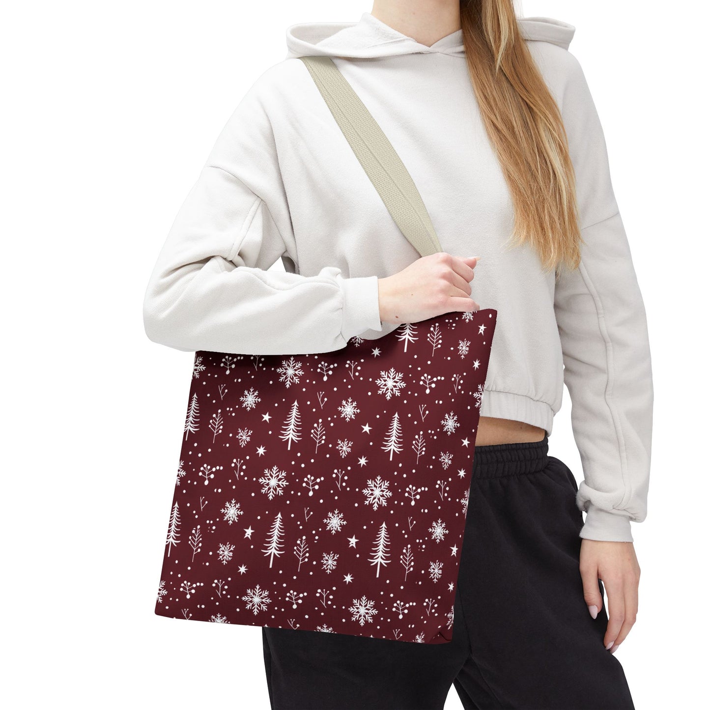 Christmas Snowflake Tote Bag – Burgundy Holiday Patterned Carryall