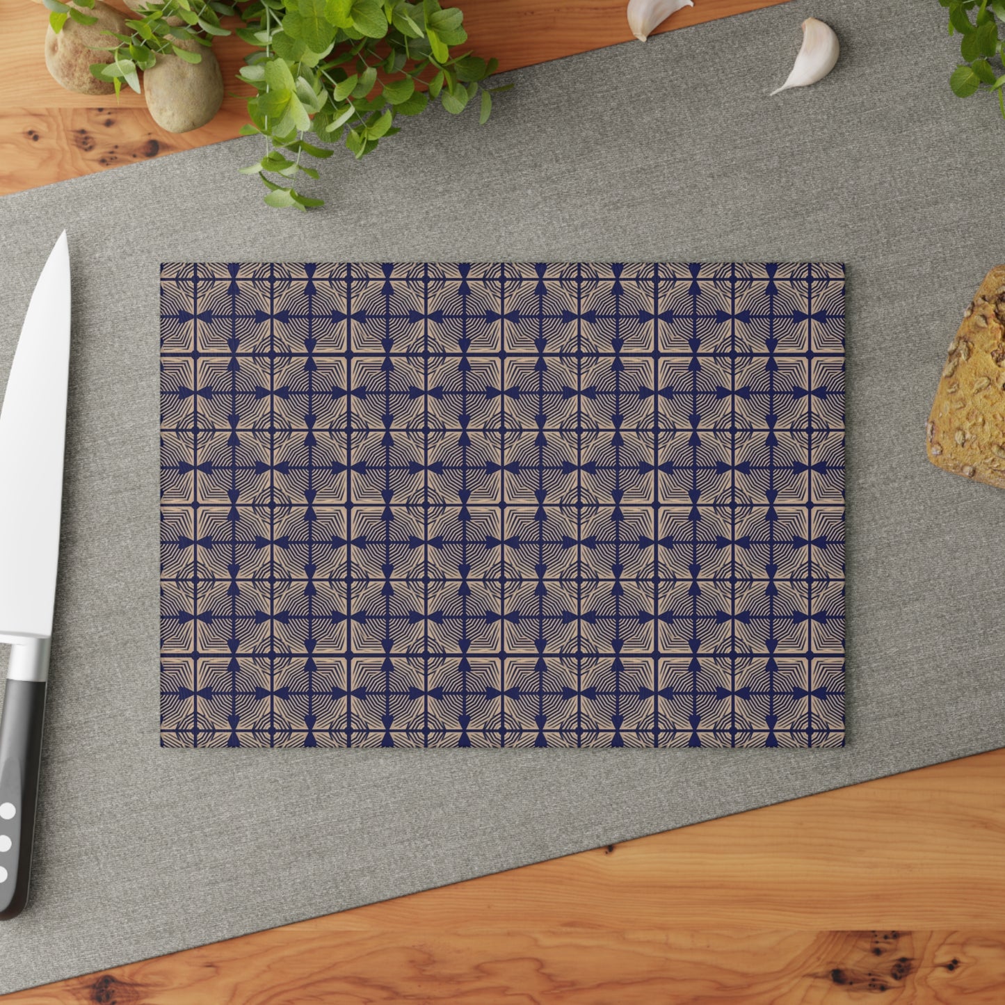 Patterned Glass Cutting Board – Vintage Blue Geometric Tile Design