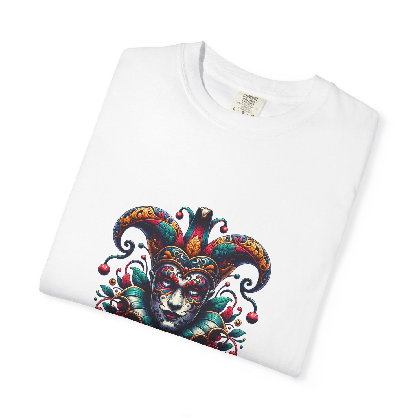 Vibrant Unisex Garment-Dyed T-shirt Featuring Colorful Jester Design, Festival Fashion