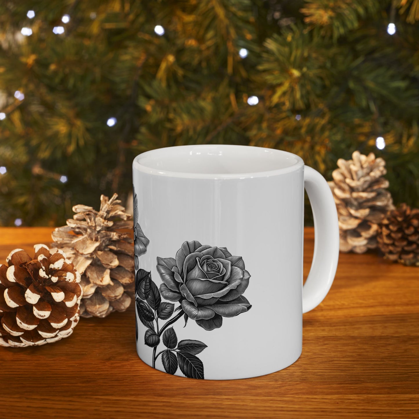 Elegant Floral Ceramic Mug - Black and White Rose Design, Coffee Cup, Gift for Her, Home Decor, Tea Lover's Perfect Mug