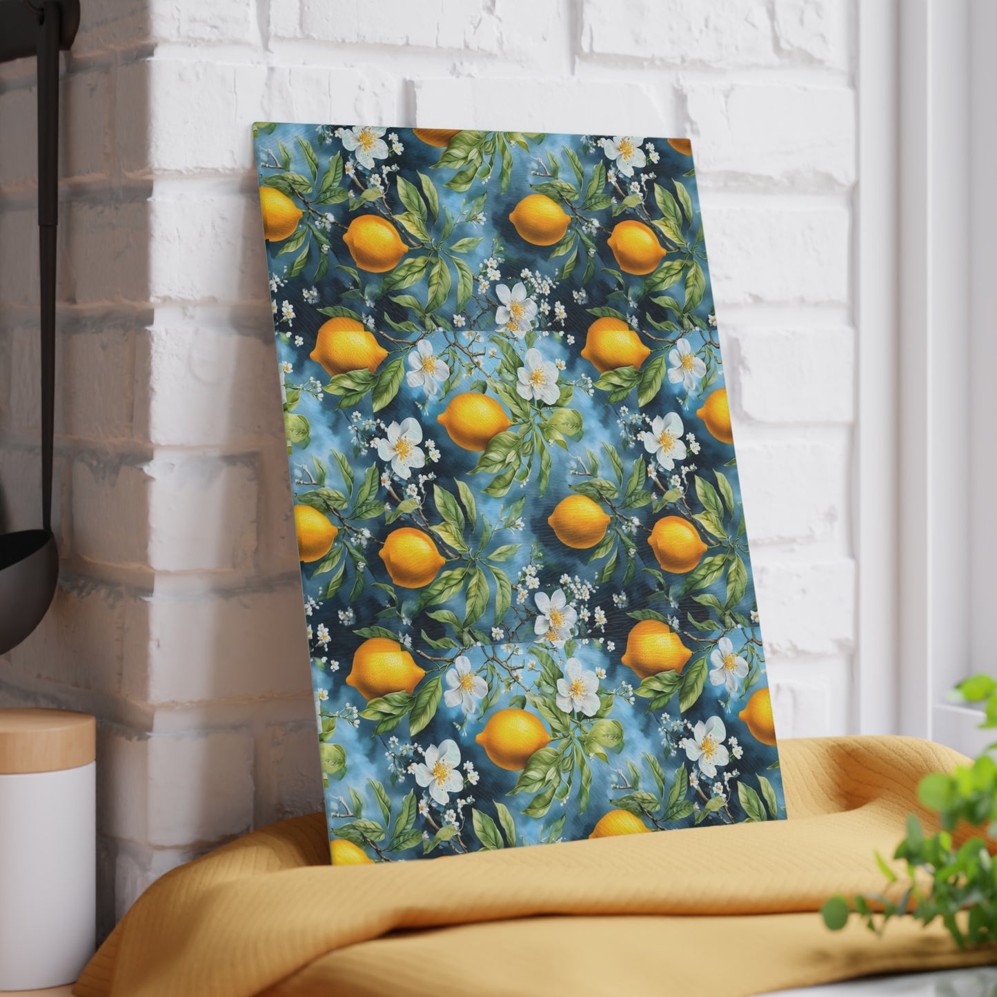 Lemon Blossom Glass Cutting Board — Citrus Kitchen Countertop Board