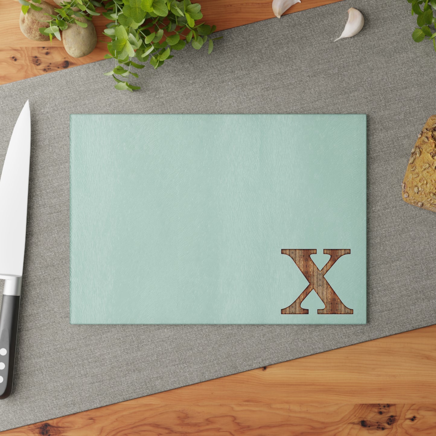 Monogram Glass Cutting Board — Minimal Mint or Clear Glass with Wood 'X' Accent