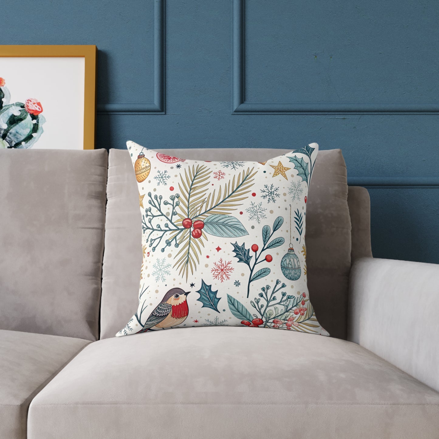 Festive Robin Holiday Pillow — Christmas Botanical Decorative Throw Pillow