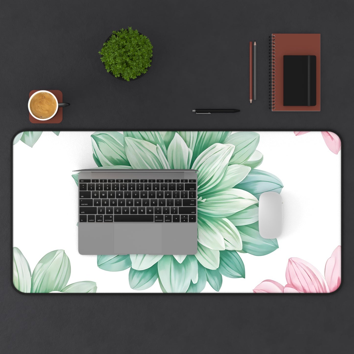 Floral Succulent Desk Mat — Green & Pink Botanical Mouse Pad
