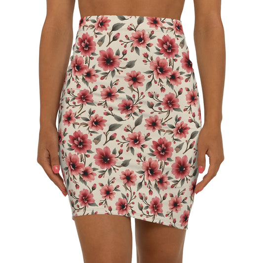 Floral Pink Watercolor Pencil Skirt — Mid‑Waist Summer Floral Print