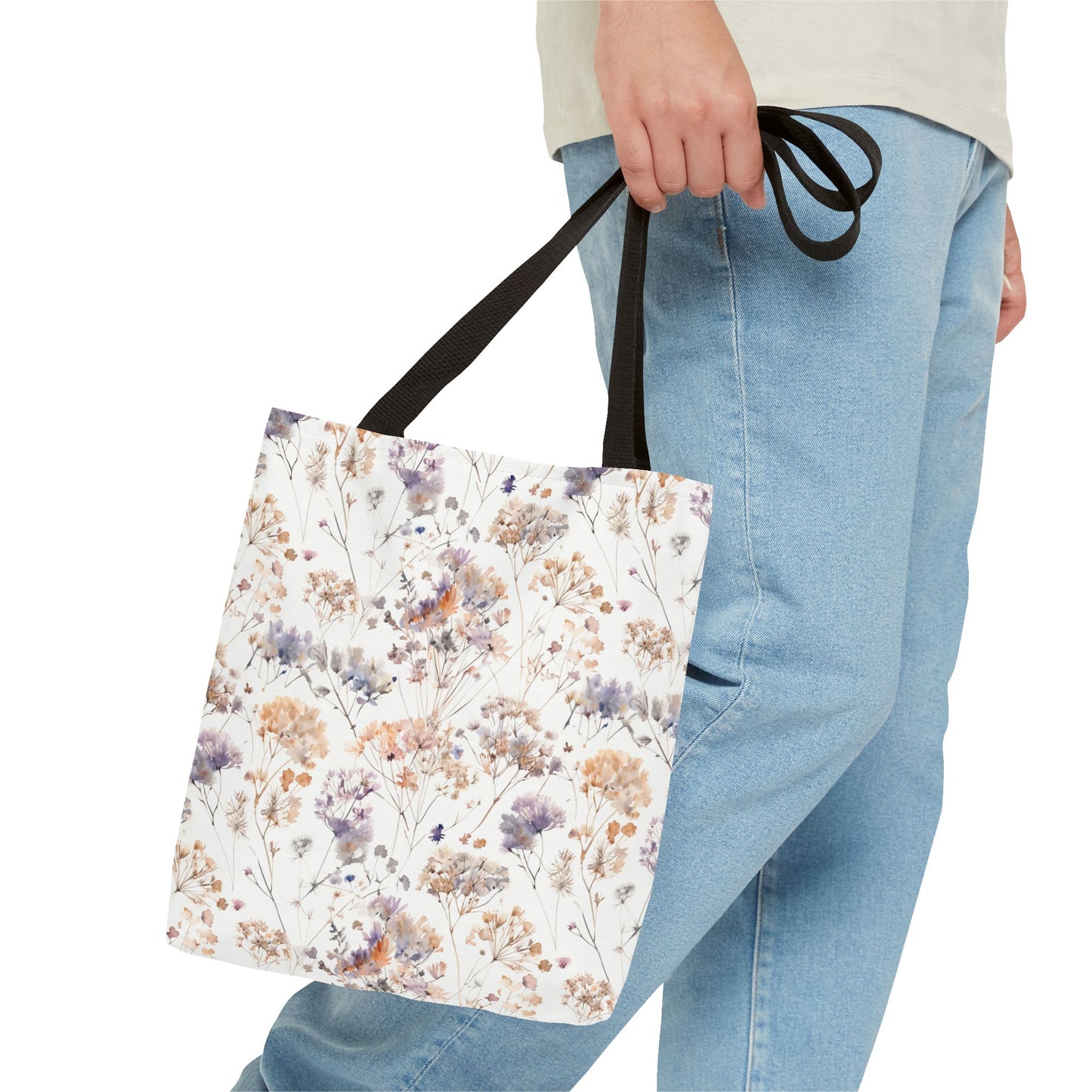Floral Ditsy Print Tote Bag – Neutral Watercolor Wildflower Market Bag
