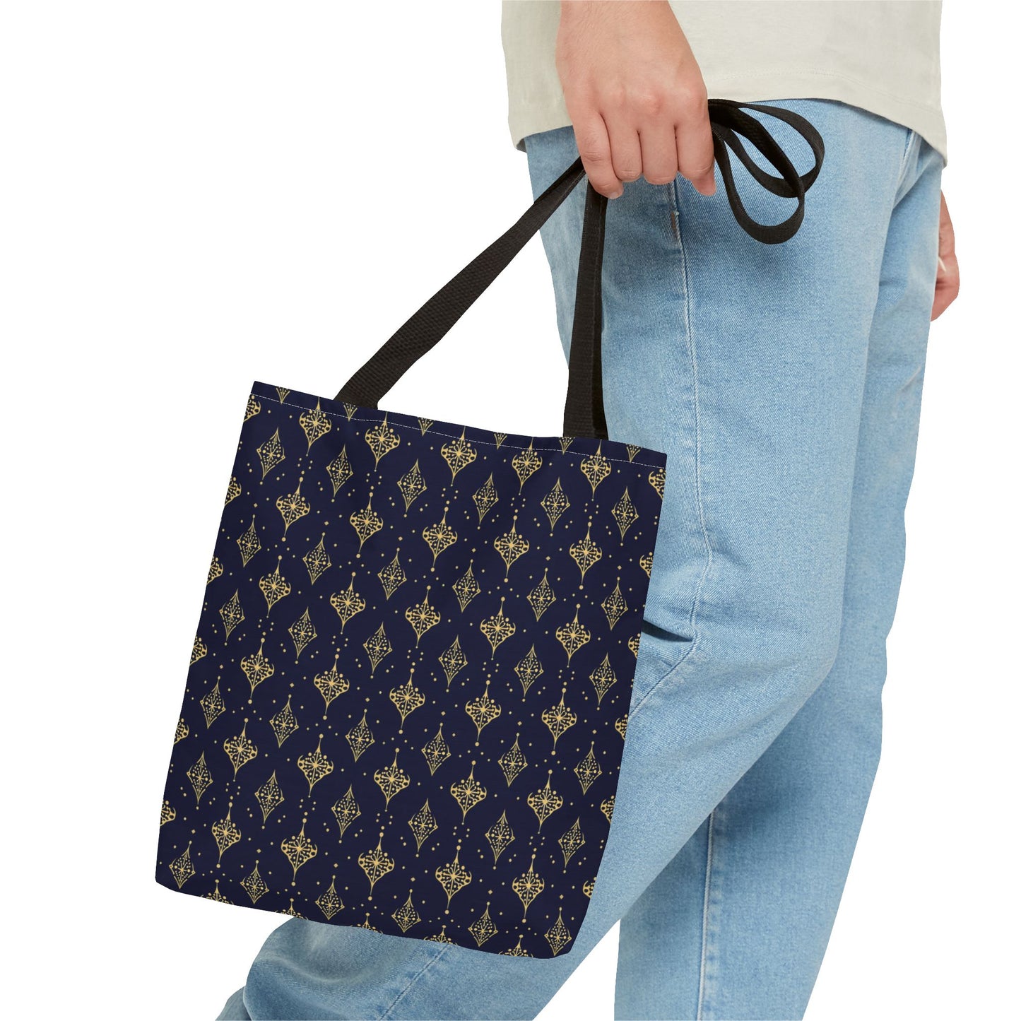 Navy & Gold Art Deco Tote Bag — Elegant Geometric Pattern All-Over Print