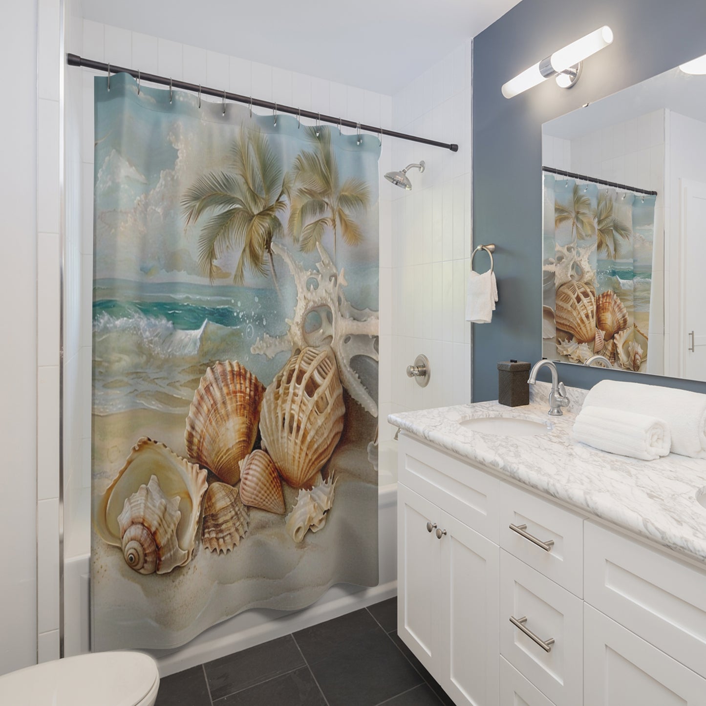Seashell Beach Shower Curtain – Tropical Palm Coastal Bathroom Décor
