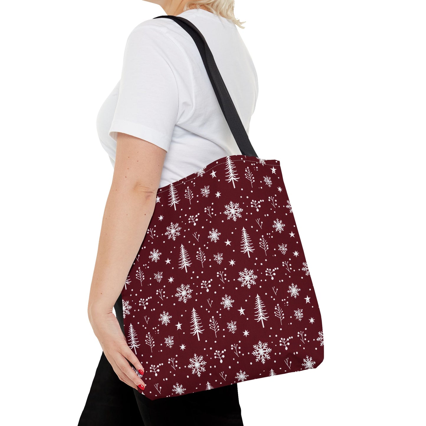 Christmas Snowflake Tote Bag – Burgundy Holiday Patterned Carryall