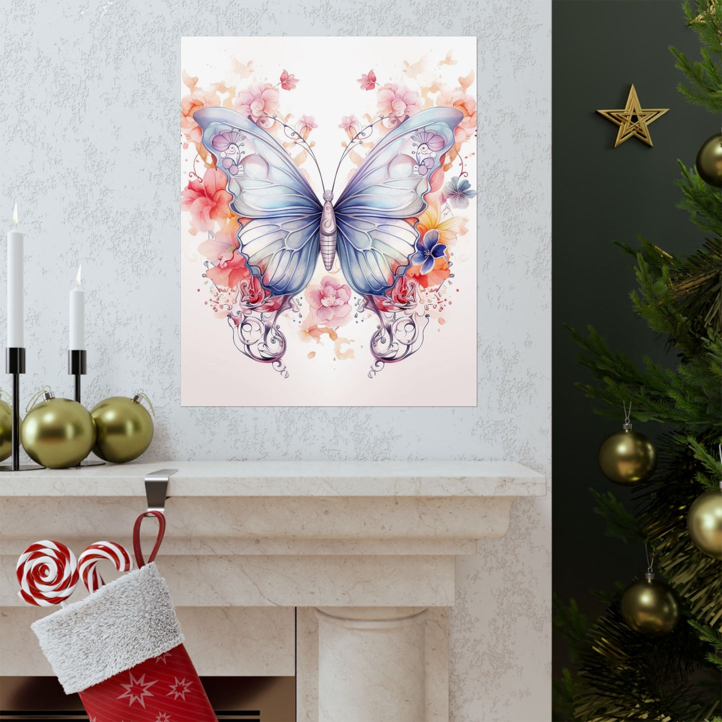 Butterfly Watercolor Wall Poster — Floral Pastel Matte Vertical Print