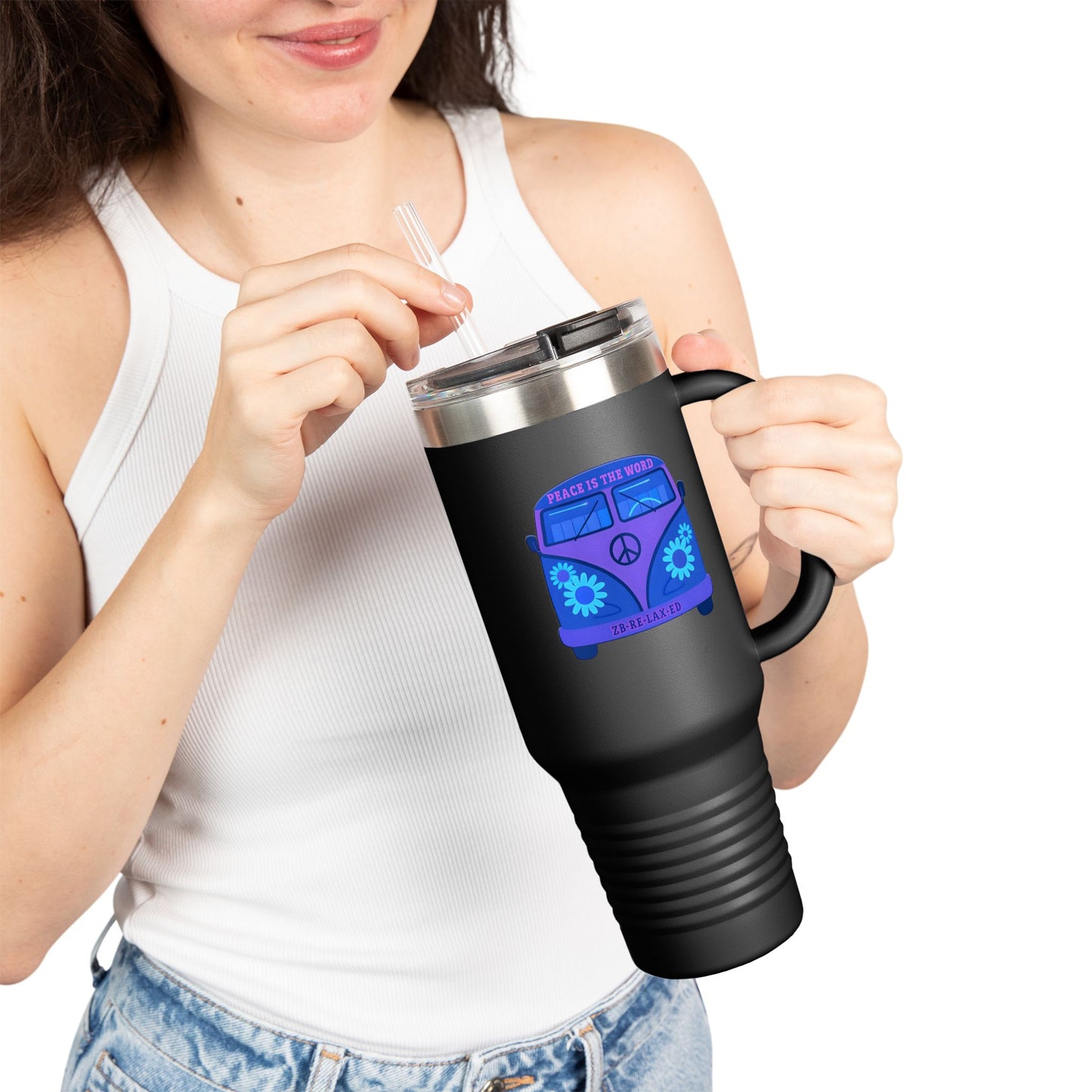 Peaceful Vibes Insulated Travel Mug | 40oz Cooler, Eco-Friendly Drinkware, Unique Gift for Travelers, Road Trip Essential, Custom Cup