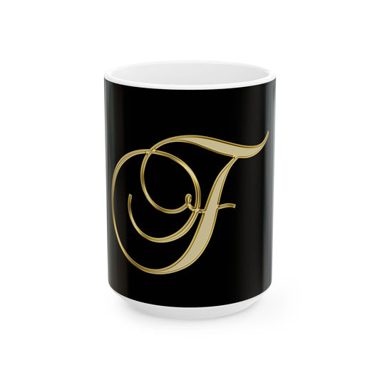 Gold Script Letter F Ceramic Mug — Elegant Monogram Coffee Cup (11oz, 15oz)