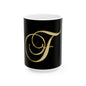 Gold Script Letter F Ceramic Mug — Elegant Monogram Coffee Cup (11oz, 15oz)