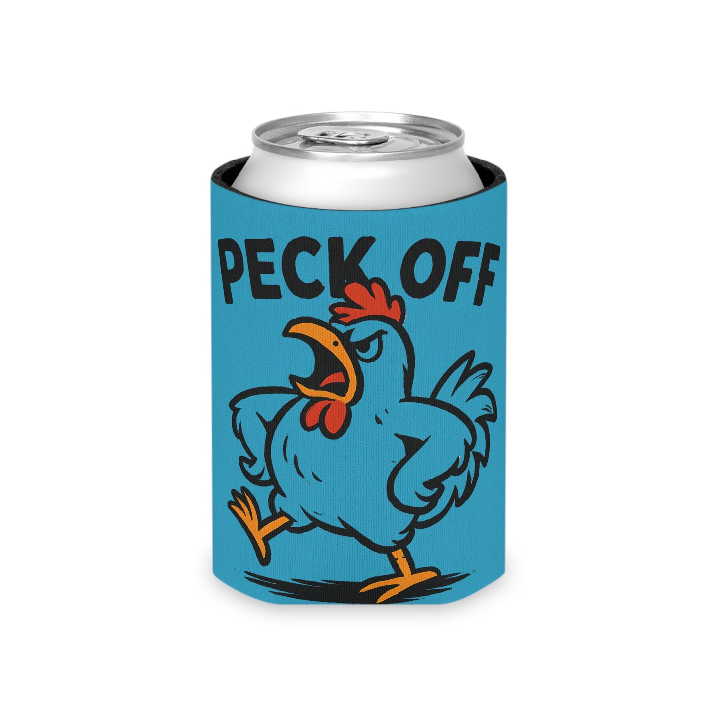 Can Cooler – 'Peck Off' Angry Rooster Drink Holder (Funny Farm Animal Koozie)