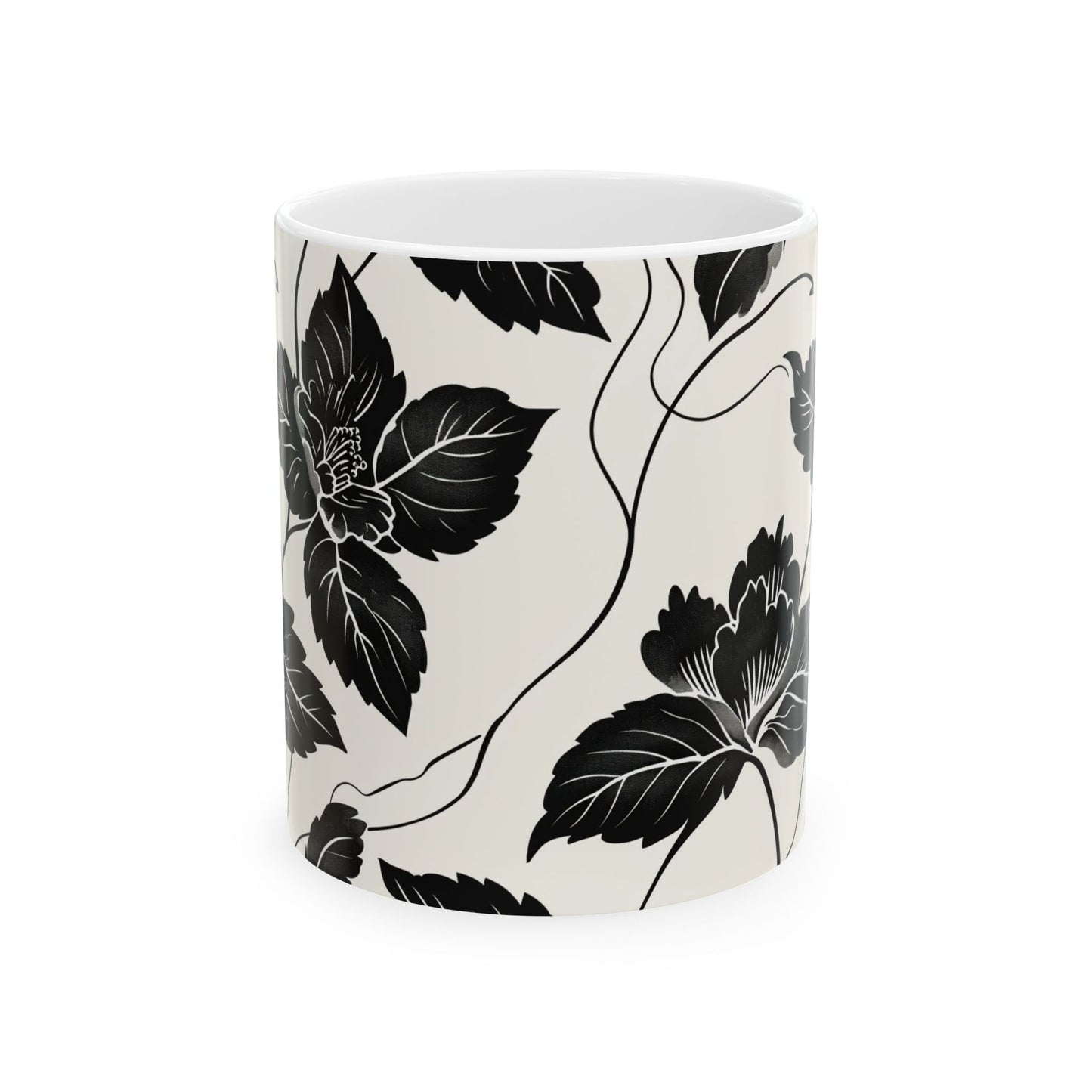 Black Floral Ceramic Mug — Monochrome Vintage Flower Coffee Cup (11oz & 15oz)