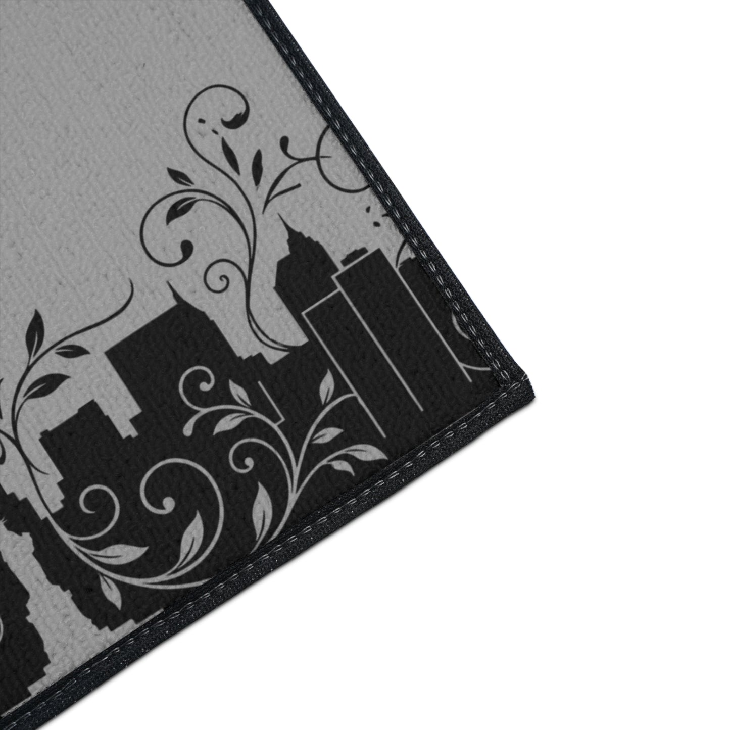 City Skyline Heavy-Duty Floor Mat — Black Urban Floral Door Rug